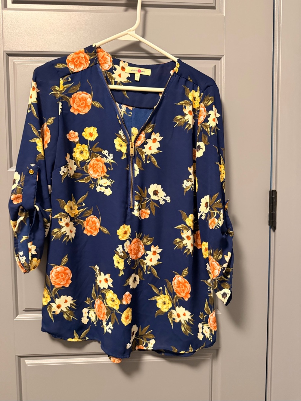 Wishful Park Navy Floral Zip-Front Blouse MEDIUM